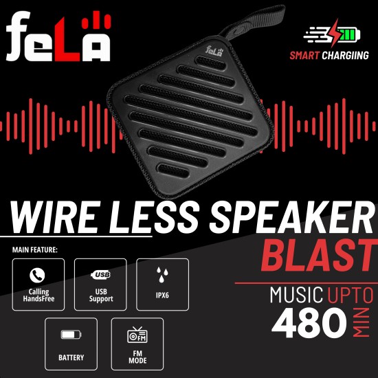 feLA Blast 10W Portable Bluetooth Speaker with Bluetooth Version 5.2, IPX6, upto 480 Minutes Playtime, Supports FM Mode, TF, USB (Black)