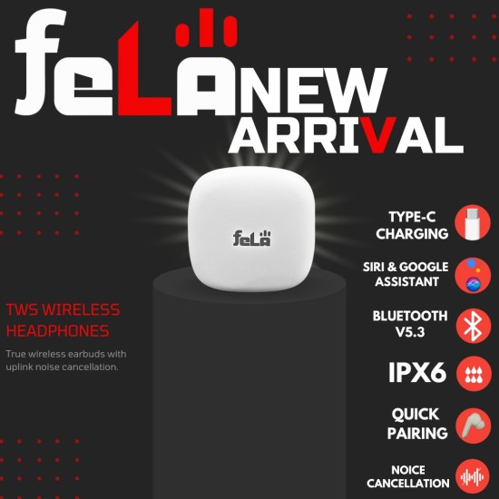 feLA Fire True Wireless Earpod with Type-C Charging, Bluetooth V5.3, IPX6, Quick Pairing, Noise Cancellation (White)